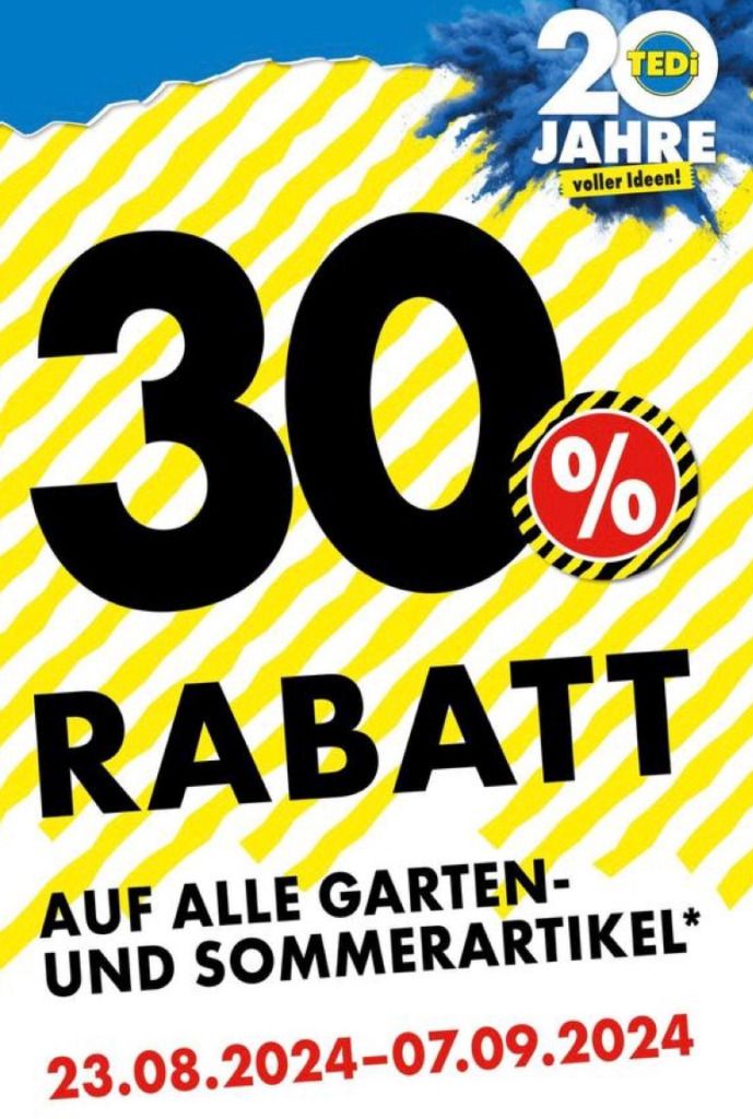 Offline: Bundesweit 30% Rabatt auf alle Garten- und Sommerartikel bei TEDi (nur vom 23.08. bis 07.09.2024)