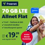(Letzte Chance) freenet: Telefonica o2 Allnet- und SMS-Flat mit 70GB LTE (225 Mbit/s) für 19,99€ mtl. + 20€ Startguthaben (0€ AG bei Werbeerlaubnis, mtl. kündbar!)