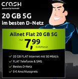 (Letzte Chance!) Crash Telekom Allnet- und SMS-Flat mit 20GB 5G (50 Mbit/s + VoLTE, WLAN Call) für 7,99€ mtl. - keine AG!