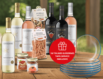 Giordano: 6 exklusive Weine + 4 Delikatessen + 18-teiliges Gläsernes Tafelservice Iconic Blue von Pasabahce für 39,90€ inkl. Versand 