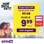 sim24 Tarif Angebote - z.B. 60GB (bis zu 100 MBit/s) Allnet- und SMS-Flat für 9,99€ mtl. 