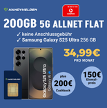 (Letzte Chance!) Samsung Galaxy S25 Ultra (150€) + Vodafone Allnet Flat mit 200 GB 5G für 34,99€ mtl. (keine AG, 200€ Cashback)
