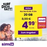 sim24 Tarif Angebote - z.B. 20GB (bis zu 100 MBit/s) Allnet- und SMS-Flat für 4,99€ mtl. 