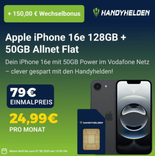 Apple iPhone 16e 128GB (79€) + freenet Vodafone mit 50GB 5G Allnet-Flat für 24,99€ mtl. (150€ Wechselbonus)