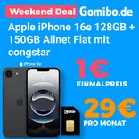 Apple iPhone 16e 128GB (1€) + congstar (Telekom) Allnet- und SMS-Flat mit 150GB 5G für 29€ mtl. + 10€ Wechselbonus!
