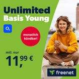 Junge Leute: freenet o2 Unlimited Basis Allnet- und SMS-Flat mit unbegrenzt 5G (5 Mbit/s) für 11,99€ mtl. (19,99€ Anschlusspreis, mtl. kündbar!)
