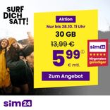 sim24 Tarif Angebote - z.B. 30GB (bis zu 100 MBit/s) Allnet- und SMS-Flat für 5,99€ mtl. 
