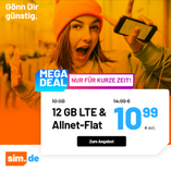 Sim.de: o2 Tarif mit 12 GB LTE + Allnet- & SMS-Flat (VoLTE, WLAN Call, 3 Monate Kündigungsfrist) für 10,99€ mtl.