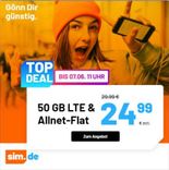 Sim.de: o2 Allnet-Flat mit 50 GB LTE Datenvolumen für 24,99€ mtl. (auch ohne Laufzeit!)