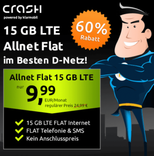 Crash by klarmobil: Allnet Flat 15GB LTE (15GB LTE, Allnet- & SMS-FLat, KEIN Anschlusspreis) für 9,99€ mtl.