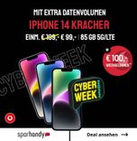 Sparhandy Cyber Week Deals: z.B. iPhone 14 128GB (99€) + Vodafone Smart M Special (85GB 5G/LTE, Allnet & SMS-Flat, 100€ Bonus bei RNM) für 44,99€ mtl.