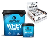 2kg Bodylab Whey Protein (versch. Sorten) + 500g Creatin Monohydrat + 12x 65g Eat Clean Protein Bar - Cookie Dough (MHD 02/24) für 49€ (statt 66€)